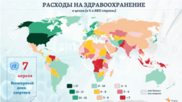 Средний уровень расходов на здравоохранение по странам мира, охваченным текущей <a href="https://apps.who.int/nha/database/Select/Indicators/en">статистикой</a> ВОЗ <em>(последние данные &ndash; за 2017 год)</em>, составляет, по расчетам, примерно 6,7% национального ВВП. Для сравнения, это на четверть выше, чем в России (5,3%), по <a href="https://apps.who.int/nha/database/Select/Indicators/en">оценкам</a> ВОЗ. &nbsp;